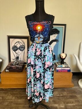 Vintage Floral Midi Skirt in Black with Pastel Prints